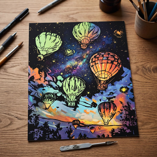 ScratchPop Glowing ScratchBoard hot air balloon artwork on a wooden desk with scratch tools